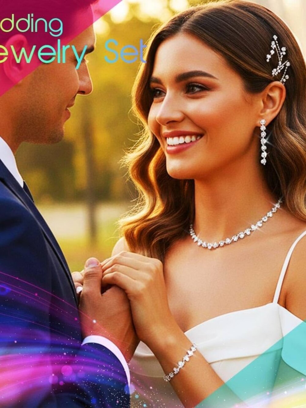 Bridal Wedding Jewelry Set Silver Rhinestones Choker Necklaces Earrings Bracelet - Picture 5 of 7